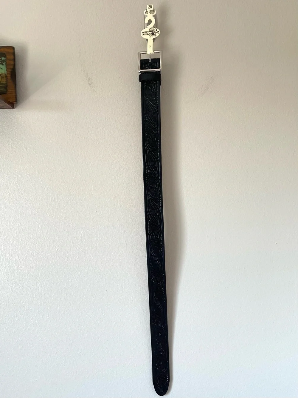 NWT Brushy Creek Leather Belt - Black Tooled Western Floral USA Made - Size 28